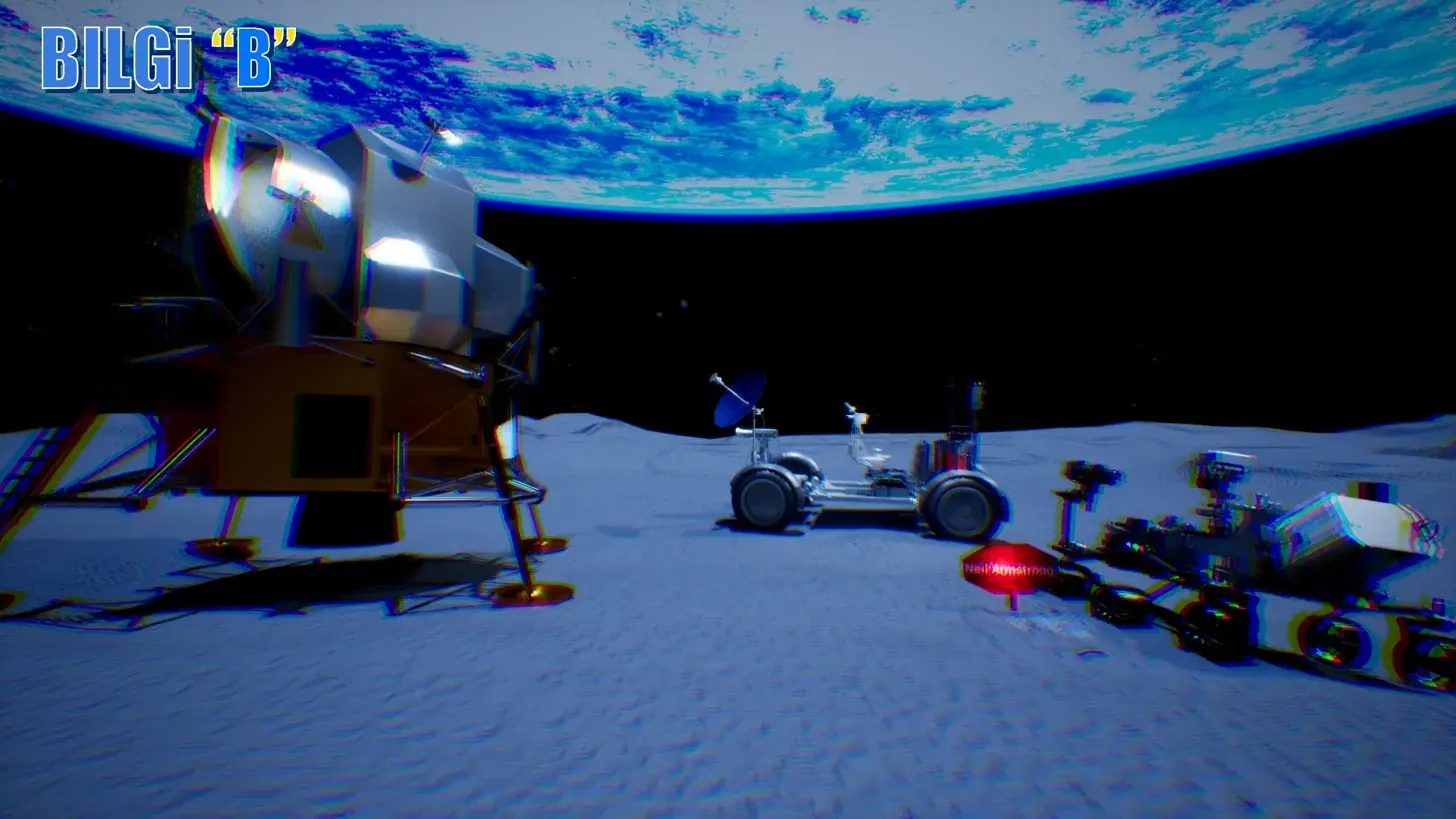 A lunar rover on the moon in SOLARIS, with Earth on the horizon