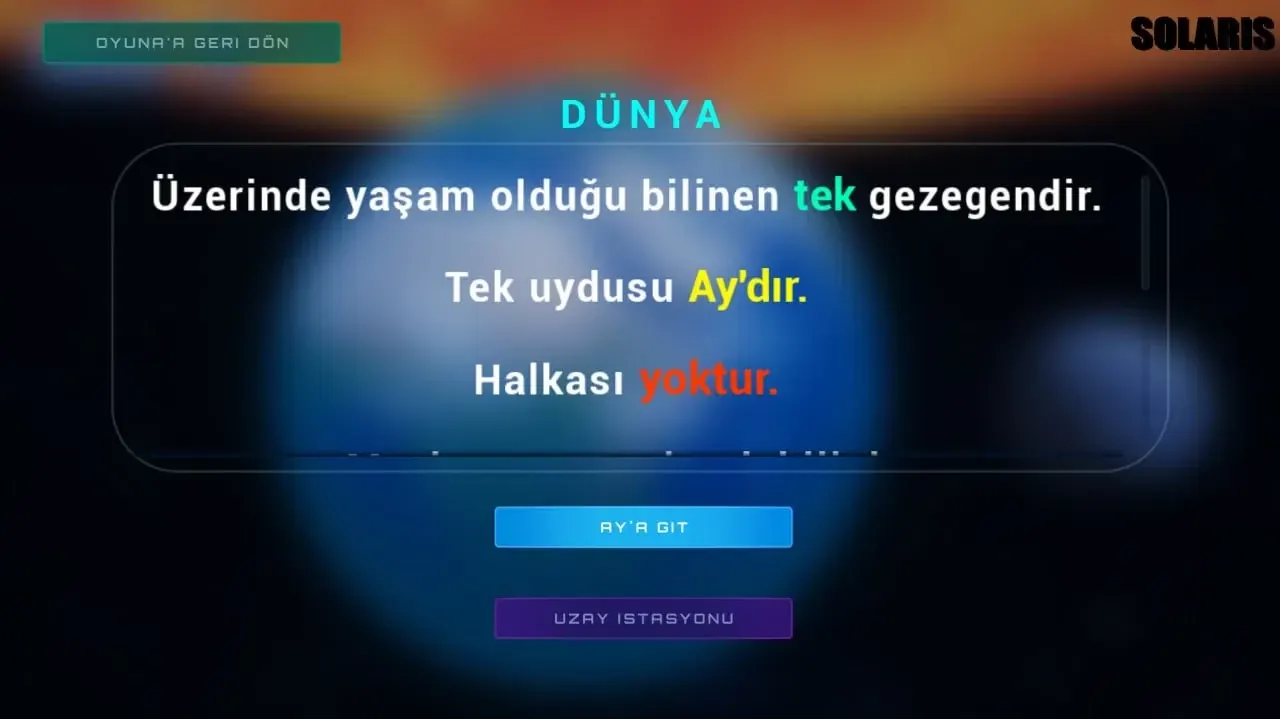 SOLARIS planet information screen for Earth, in Turkish